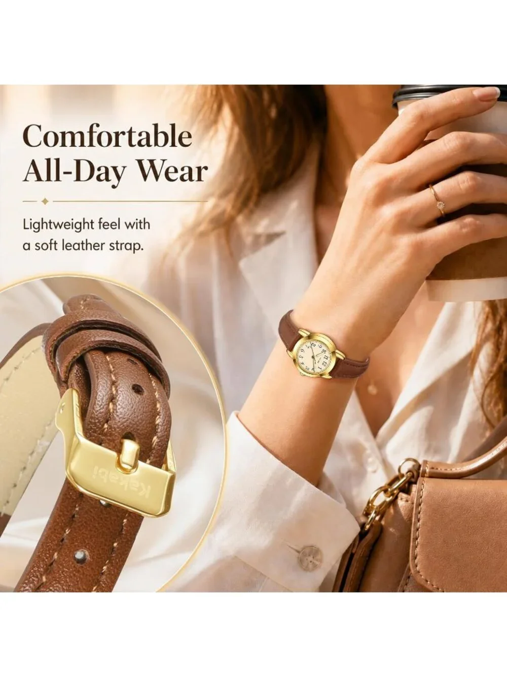 Women's Brown Gold Vintage Analog Slim Leather Strap Quartz Movement Watch